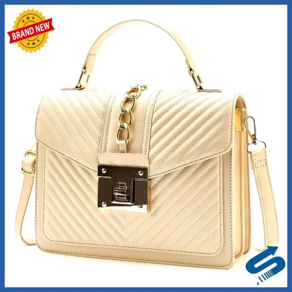 Quilted Faux Leather Crossbody Bag with Top Handle, Adjustable Strap
